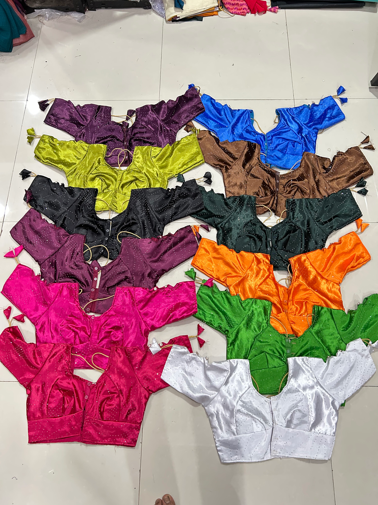 Satin Siroski Work Katori Blouse | 3-Cut Design with Aster | Full Sleeve Front Button 