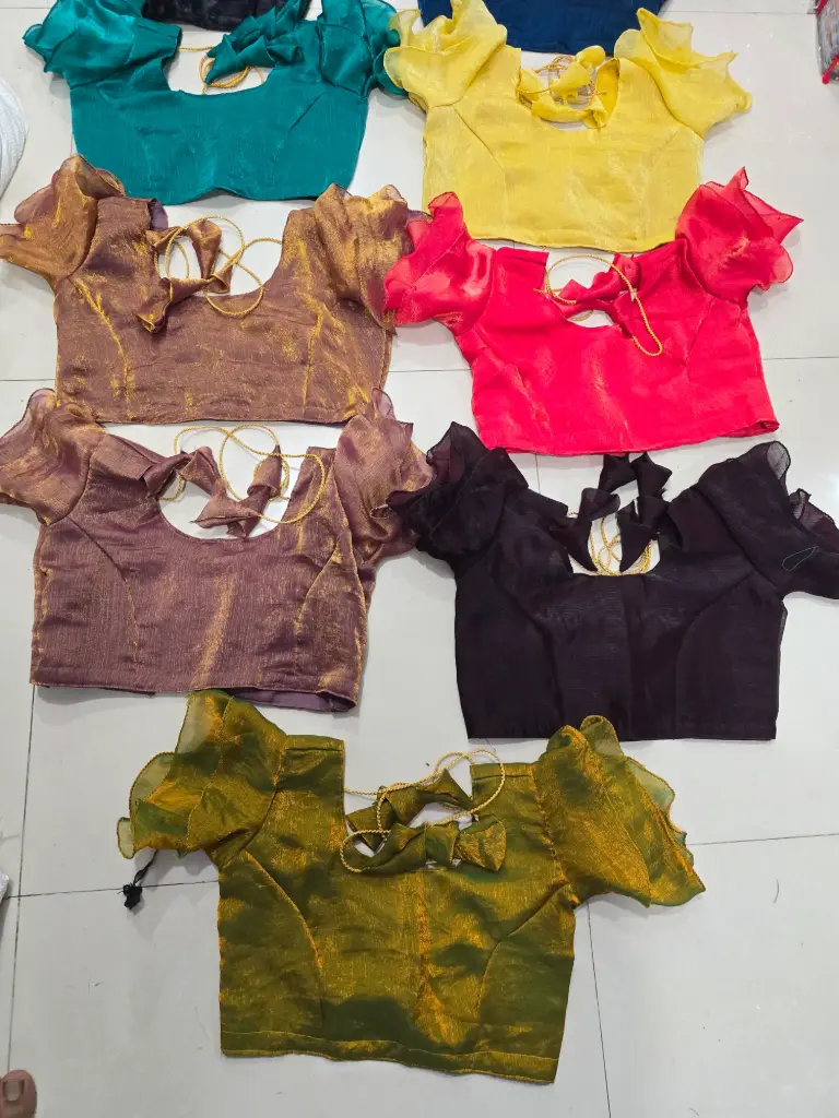 Plain shiny Jimmy chu fabric 2 jhul princess cut blouse.  