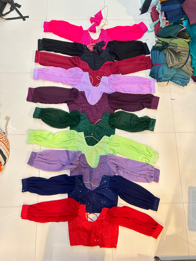 Georget fabric 19” long balloon sleev princess cut blouse