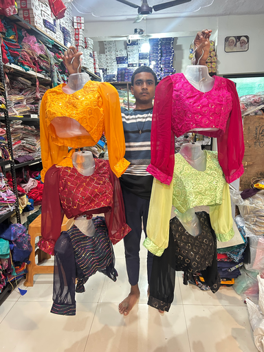 Silki work fabric 19” long balloon sleev princess cut blouse